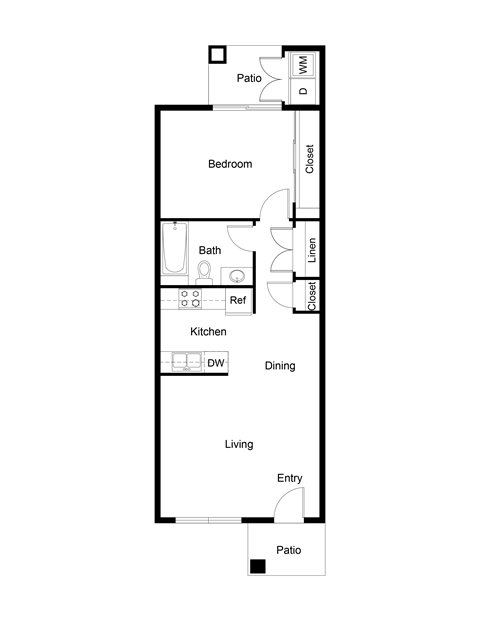 Floor plan for 1 bed, 1 bath, 616 sqft