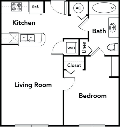 Floor plan for 1 bed, 1 bath, 564 sqft