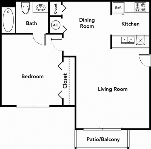 Floor plan for 1 bed, 1 bath, 592 sqft