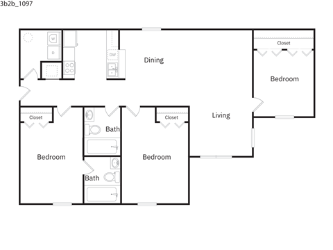 Floor plan for 3 beds, 2 baths, 1097 sqft