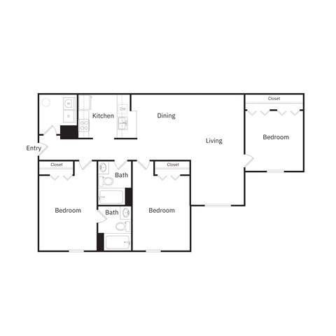 Floor plan for 3 beds, 2 baths, 1097 sqft