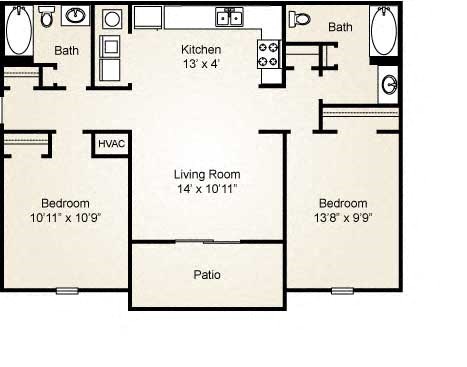 Floor plan for 2 beds, 2 baths, 867 sqft
