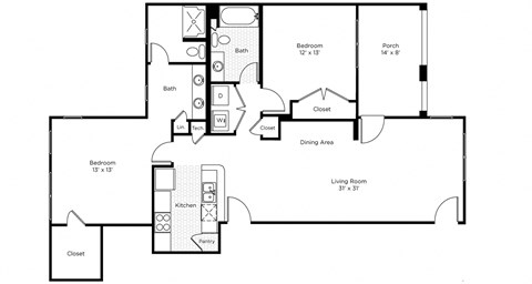 Floor plan for 2 beds, 2 baths, 1184 sqft
