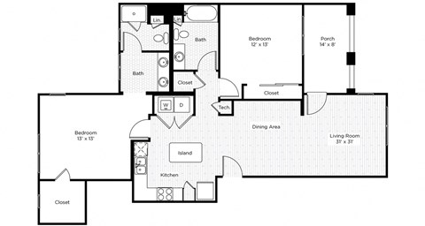 Floor plan for 2 beds, 2 baths, 1209 sqft