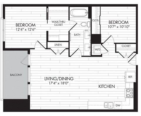 Floor plan for 2 beds, 2 baths, 910 sqft