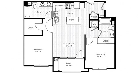 Floor plan for 2 beds, 2 baths, 932 sqft