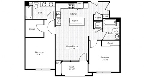 Floor plan for 2 beds, 2 baths, 932 sqft
