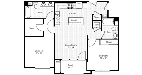 Floor plan for 2 beds, 2 baths, 941 sqft