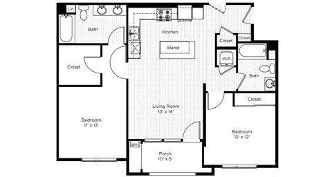 Floor plan for 2 beds, 2 baths, 941 sqft