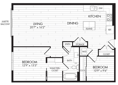 Floor plan for 2 beds, 2 baths, 949 sqft