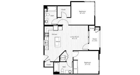 Floor plan for 2 beds, 2 baths, 944 sqft
