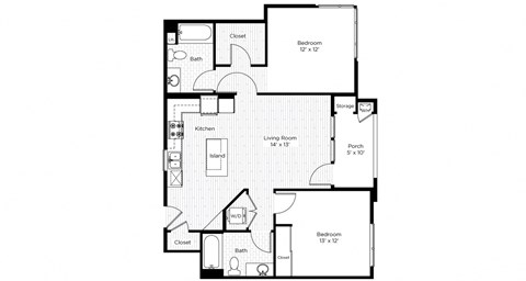Floor plan for 2 beds, 2 baths, 968 sqft
