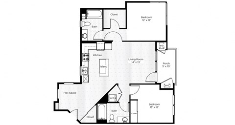 Floor plan for 2 beds, 2 baths, 1052 sqft