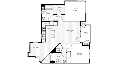 Floor plan for 2 beds, 2 baths, 1052 sqft