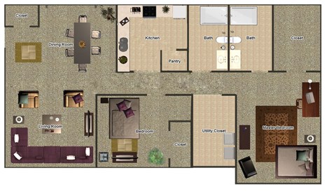 Floor plan for 2 beds, 2 baths, 988 sqft