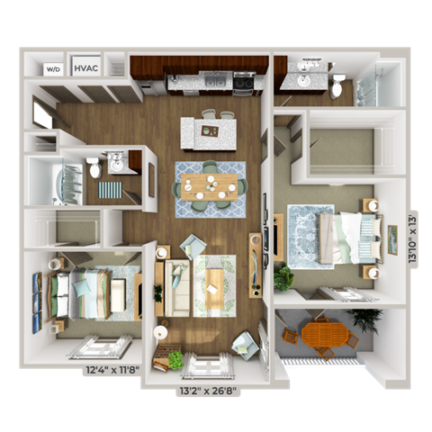 Floor plan for 2 beds, 2 baths, 1241 sqft