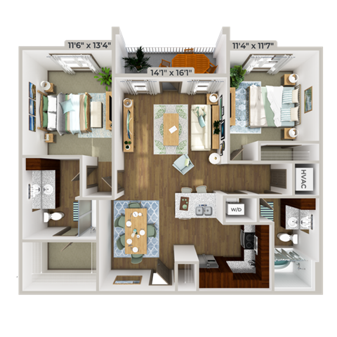 Floor plan for 2 beds, 2 baths, 1080 sqft
