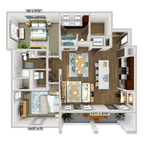 Floor plan for 2 beds, 2 baths, 1229 sqft
