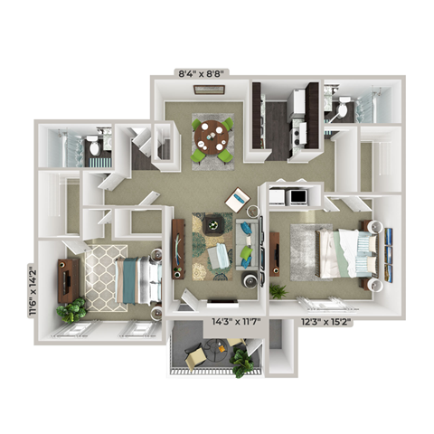 Floor plan for 2 beds, 2 baths, 1141 sqft