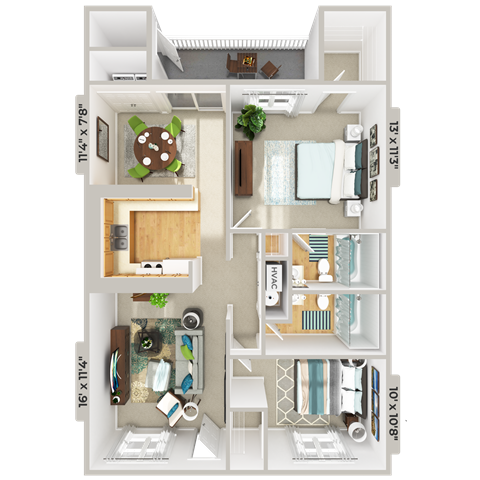 Floor plan for 2 beds, 1 bath, 936 sqft