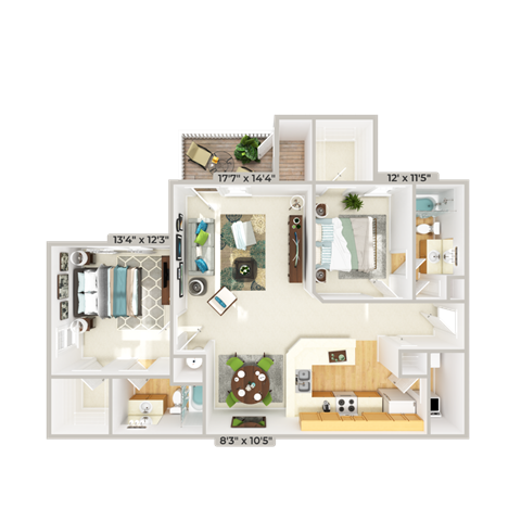 Floor plan for 2 beds, 2 baths, 1166 sqft