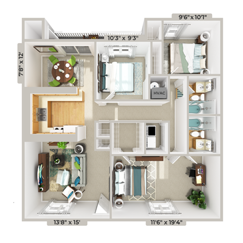 Floor plan for 3 beds, 2 baths, 1236 sqft