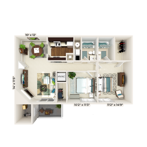 Floor plan for 2 beds, 2 baths, 1010 sqft