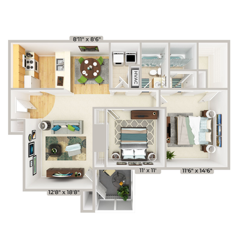 Floor plan for 2 beds, 2 baths, 1075 sqft