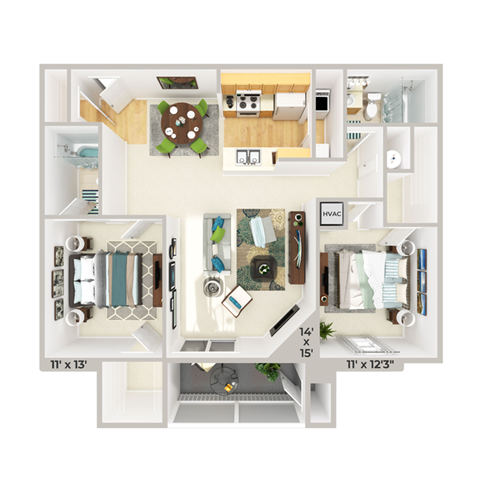 Floor plan for 2 beds, 2 baths, 1028 sqft