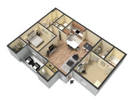 Floor plan for 2 beds, 2 baths, 1075 sqft
