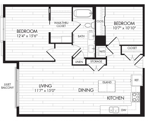 Floor plan for 2 beds, 2 baths, 979 sqft