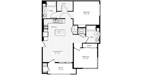 Floor plan for 2 beds, 2 baths, 910 sqft