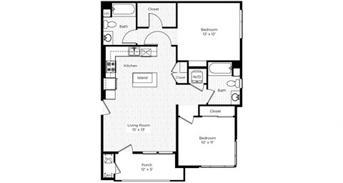 Floor plan for 2 beds, 2 baths, 995 sqft