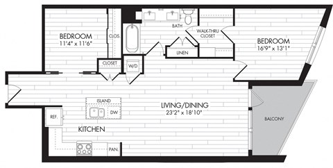 Floor plan for 2 beds, 2 baths, 1094 sqft