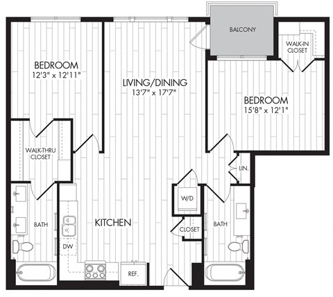 Floor plan for 2 beds, 2 baths, 1089 sqft
