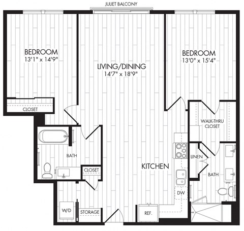 Floor plan for 2 beds, 2 baths, 1131 sqft
