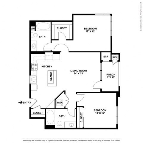 Floor plan for 2 beds, 2 baths, 1060 sqft