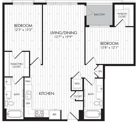 Floor plan for 2 beds, 2 baths, 1157 sqft