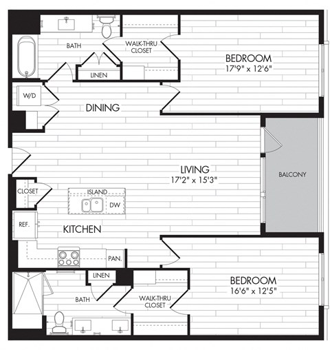 Floor plan for 2 beds, 2 baths, 1250 sqft