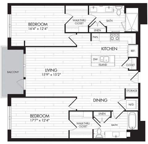 Floor plan for 2 beds, 2 baths, 1328 sqft