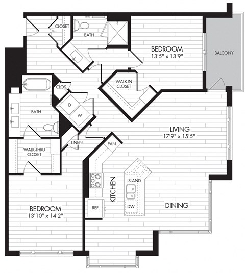 Floor plan for 2 beds, 2 baths, 1382 sqft