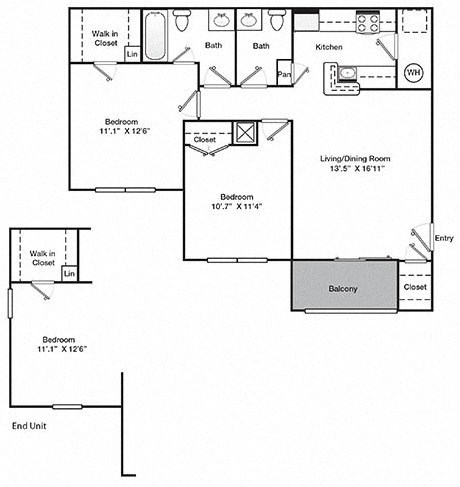 Floor plan for 2 beds, 1.5 baths, 872 sqft