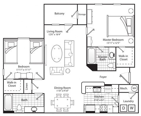 Floor plan for 2 beds, 2 baths, 1175 sqft