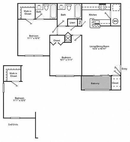 Floor plan for 2 beds, 2 baths, 895 sqft