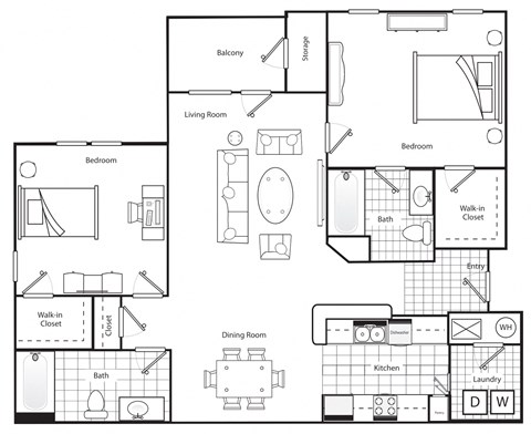 Floor plan for 2 beds, 2 baths, 1175 sqft