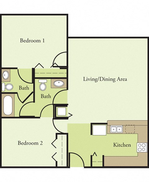 Floor plan for 2 beds, 2 baths, 864 sqft