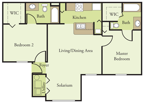 Floor plan for 2 beds, 2 baths, 954 sqft