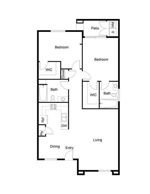 Floor plan for 2 beds, 2 baths, 890 sqft