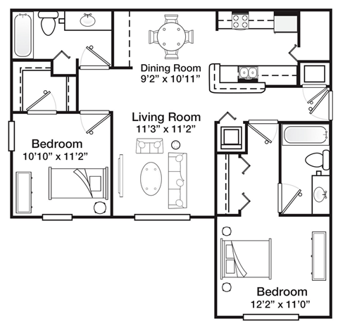 Floor plan for 2 beds, 2 baths, 918 sqft