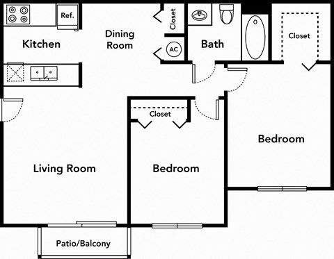 Floor plan for 2 beds, 1 bath, 779 sqft